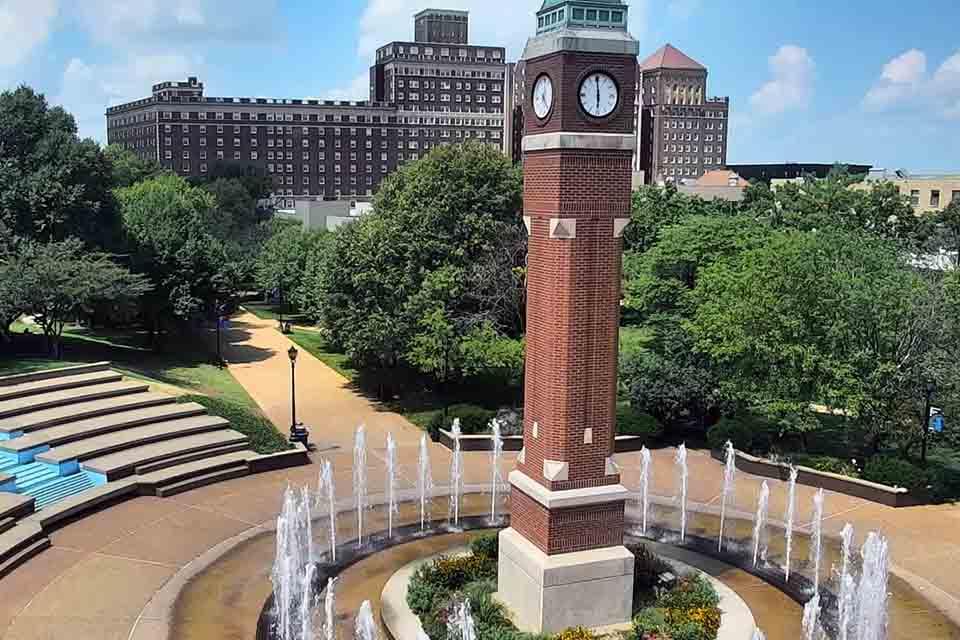 View from the clock tower web camera showing a fountain and stairs